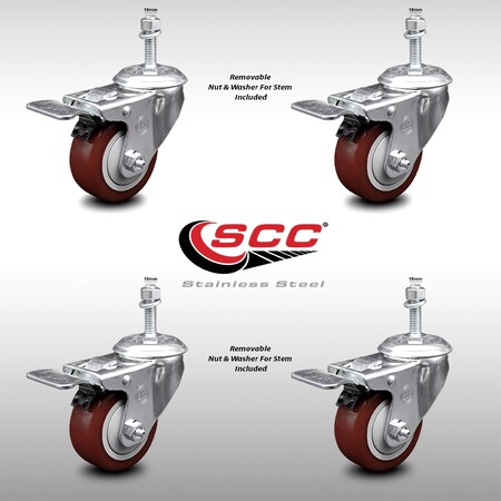 Service Caster 3 Inch SS Maroon Polyurethane 10mm Threaded Stem Caster Set Total Lock Brake SCC-SSTSTTL20S314-PPUB-MRN-M1015-4